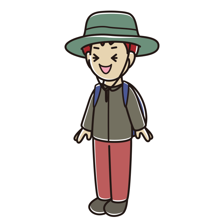 笑うアウトドア姿の男子大学生のイラスト【色あり、背景なし】透過PNG