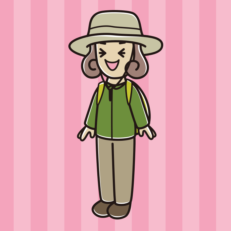 笑うアウトドア姿の女子大学生のイラスト【色、背景あり】PNG