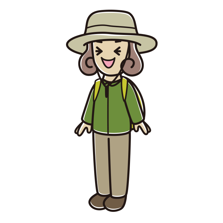 笑うアウトドア姿の女子大学生のイラスト【色あり、背景なし】透過PNG