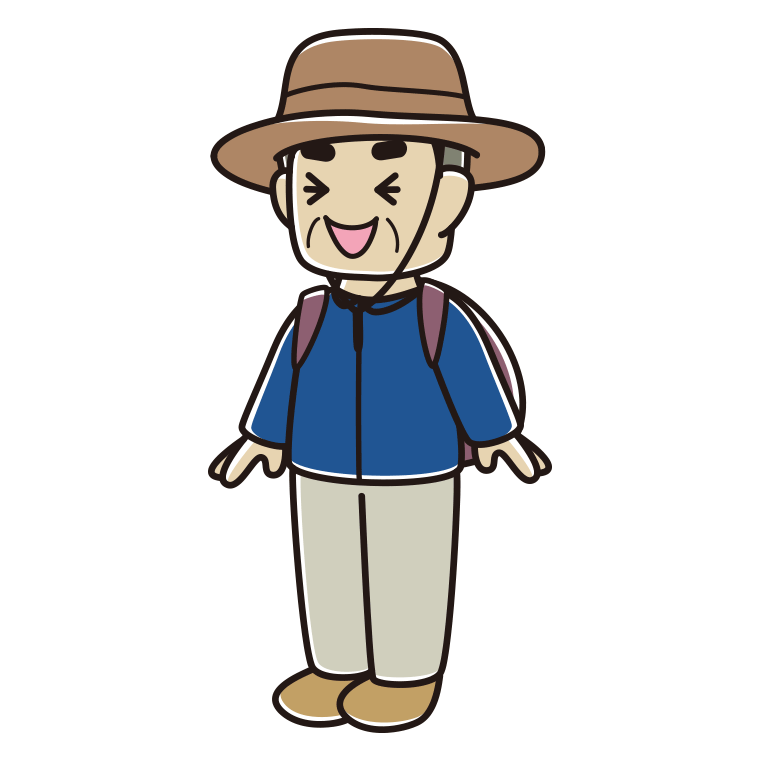 笑うアウトドア姿のおじさんのイラスト【色あり、背景なし】透過PNG