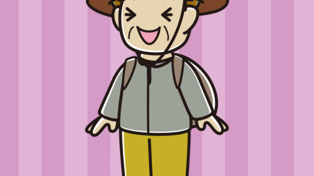 笑うアウトドア姿のおばさんのイラスト【色、背景あり】PNG