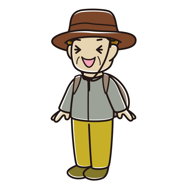 笑うアウトドア姿のおばさんのイラスト【色あり、背景なし】透過PNG