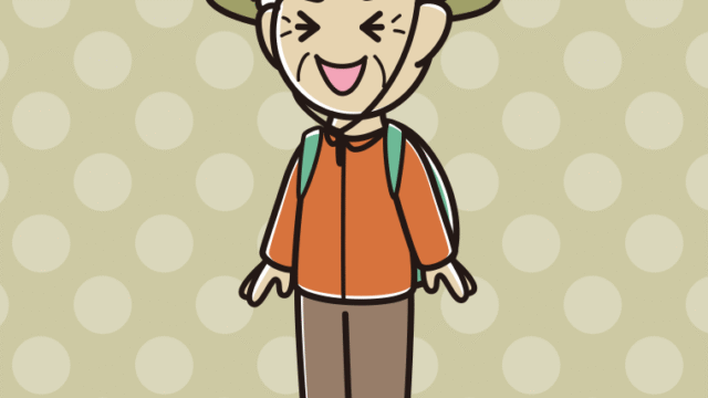 笑うアウトドア姿のおじいさんのイラスト【色、背景あり】PNG