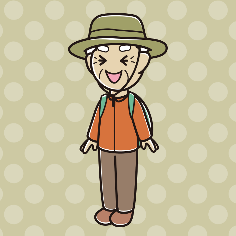 笑うアウトドア姿のおじいさんのイラスト【色、背景あり】PNG