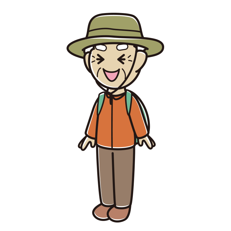 笑うアウトドア姿のおじいさんのイラスト【色あり、背景なし】透過PNG