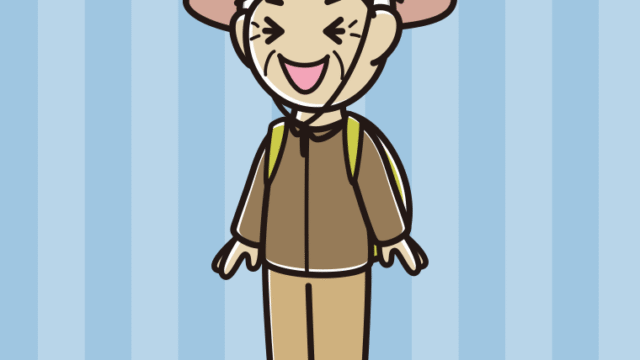 笑うアウトドア姿のおばあさんのイラスト【色、背景あり】PNG