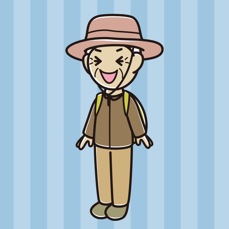 笑うアウトドア姿のおばあさんのイラスト【色、背景あり】PNG