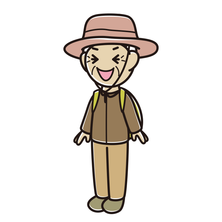 笑うアウトドア姿のおばあさんのイラスト【色あり、背景なし】透過PNG