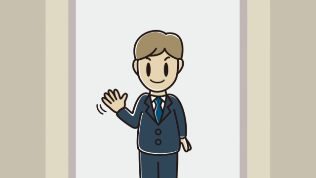 エレベーターで手を振る男性会社員のイラスト【色、背景あり】PNG