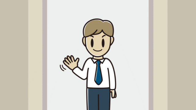 エレベーターで手を振る男性会社員（ワイシャツ）のイラスト【色、背景あり】PNG