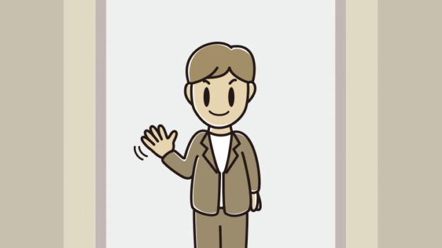 エレベーターで手を振る男性会社員（カジュアル）のイラスト【色、背景あり】PNG