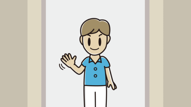 エレベーターで手を振る男性会社員（クールビズ）のイラスト【色、背景あり】PNG