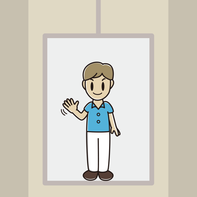 エレベーターで手を振る男性会社員（クールビズ）のイラスト【色、背景あり】PNG
