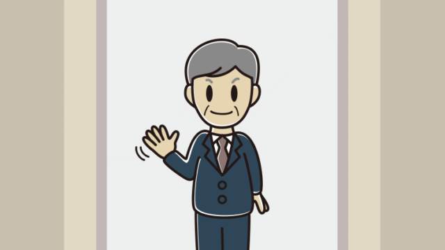 エレベーターで手を振る年配男性会社員のイラスト【色、背景あり】PNG