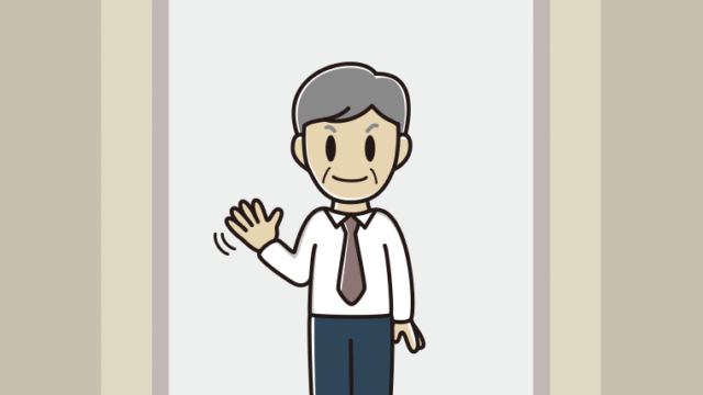 エレベーターで手を振る年配男性会社員（ワイシャツ）のイラスト【色、背景あり】PNG