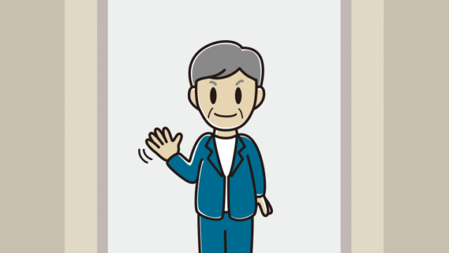エレベーターで手を振る年配男性会社員（カジュアル）のイラスト【色、背景あり】PNG