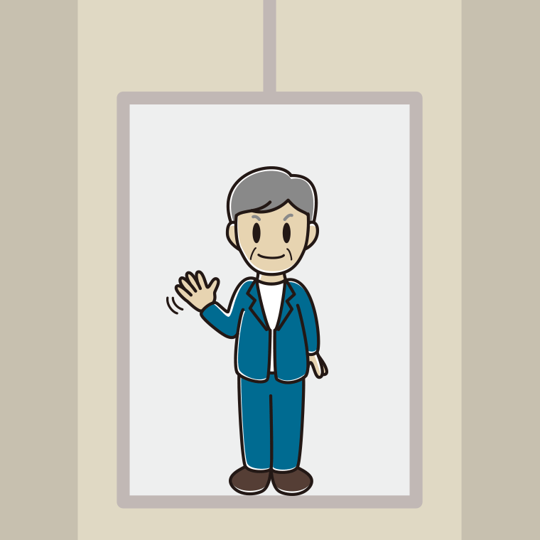 エレベーターで手を振る年配男性会社員（カジュアル）のイラスト【色、背景あり】PNG