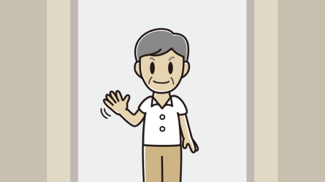 エレベーターで手を振る年配男性会社員（クールビズ）のイラスト【色、背景あり】PNG