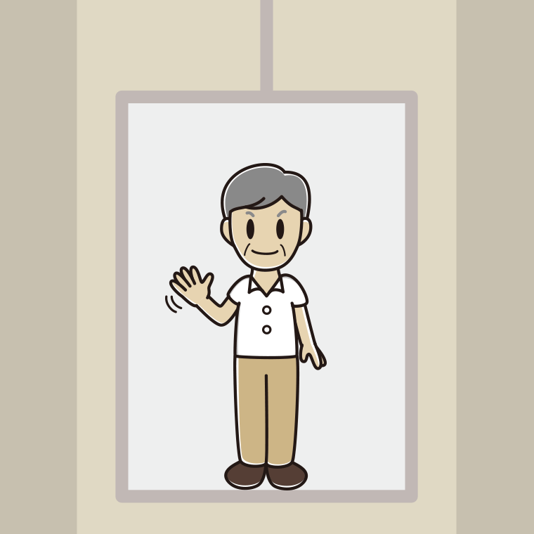 エレベーターで手を振る年配男性会社員（クールビズ）のイラスト【色、背景あり】PNG