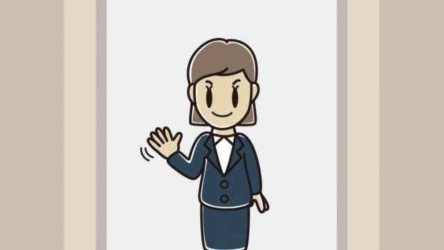 エレベーターで手を振る女性会社員のイラスト【色、背景あり】PNG