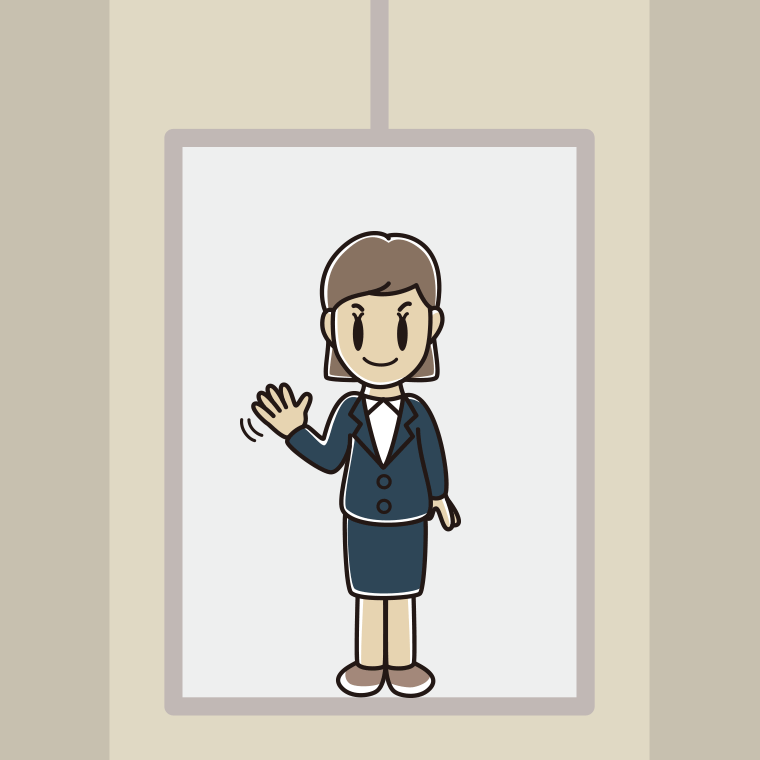 エレベーターで手を振る女性会社員のイラスト【色、背景あり】PNG