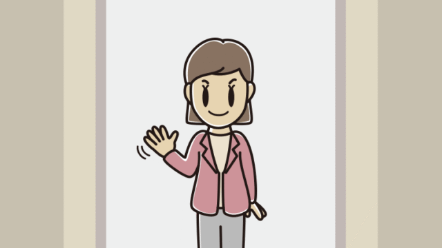 エレベーターで手を振る女性会社員（カジュアル）のイラスト【色、背景あり】PNG