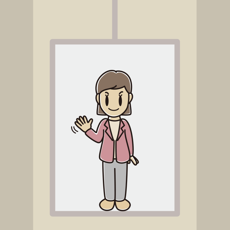 エレベーターで手を振る女性会社員（カジュアル）のイラスト【色、背景あり】PNG