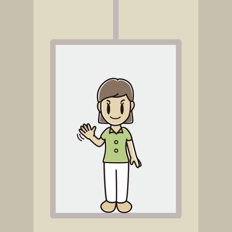 エレベーターで手を振る女性会社員（クールビズ）のイラスト【色、背景あり】PNG