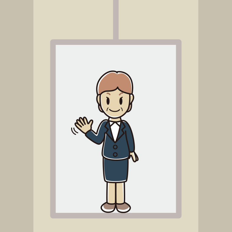 エレベーターで手を振る年配女性会社員のイラスト【色、背景あり】PNG