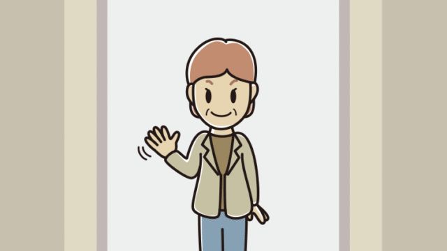 エレベーターで手を振る年配女性会社員（カジュアル）のイラスト【色、背景あり】PNG