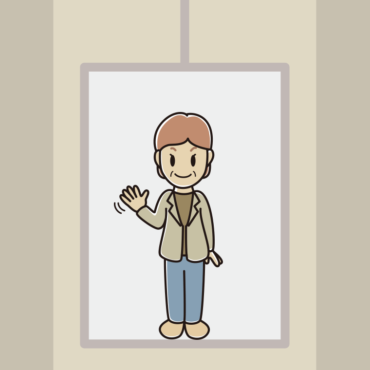 エレベーターで手を振る年配女性会社員（カジュアル）のイラスト【色、背景あり】PNG