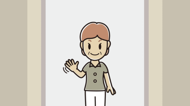 エレベーターで手を振る年配女性会社員（クールビズ）のイラスト【色、背景あり】PNG