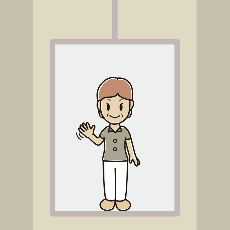 エレベーターで手を振る年配女性会社員（クールビズ）のイラスト【色、背景あり】PNG