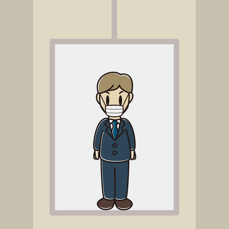 エレベーターでマスクをする男性会社員のイラスト【色、背景あり】PNG