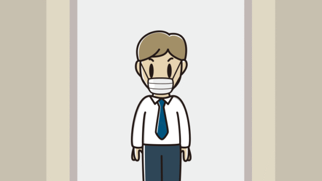 エレベーターでマスクをする男性会社員（ワイシャツ）のイラスト【色、背景あり】PNG
