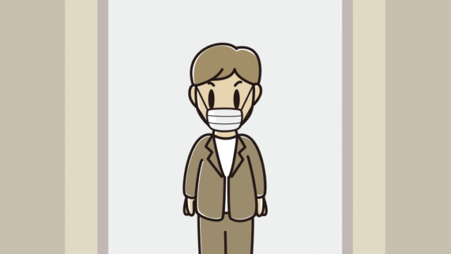 エレベーターでマスクをする男性会社員（カジュアル）のイラスト【色、背景あり】PNG