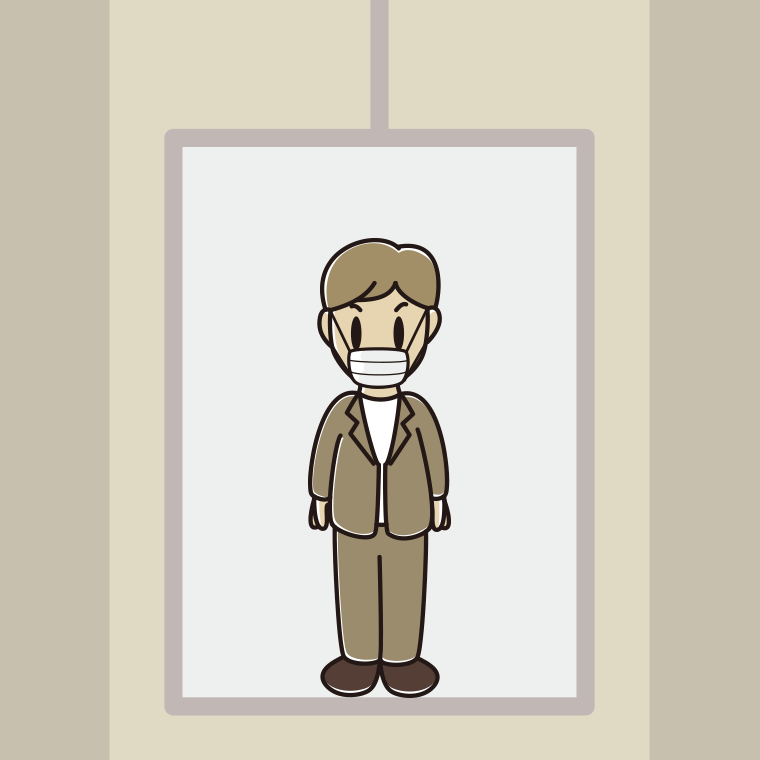 エレベーターでマスクをする男性会社員（カジュアル）のイラスト【色、背景あり】PNG