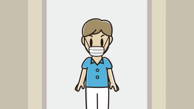 エレベーターでマスクをする男性会社員（クールビズ）のイラスト【色、背景あり】PNG