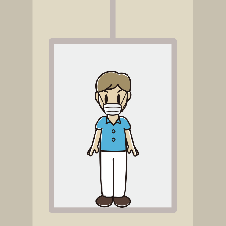 エレベーターでマスクをする男性会社員（クールビズ）のイラスト【色、背景あり】PNG