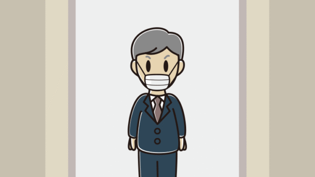 エレベーターでマスクをする年配男性会社員のイラスト【色、背景あり】PNG