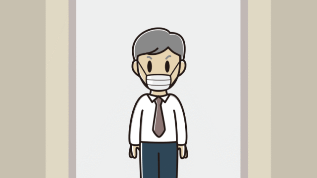 エレベーターでマスクをする年配男性会社員（ワイシャツ）のイラスト【色、背景あり】PNG