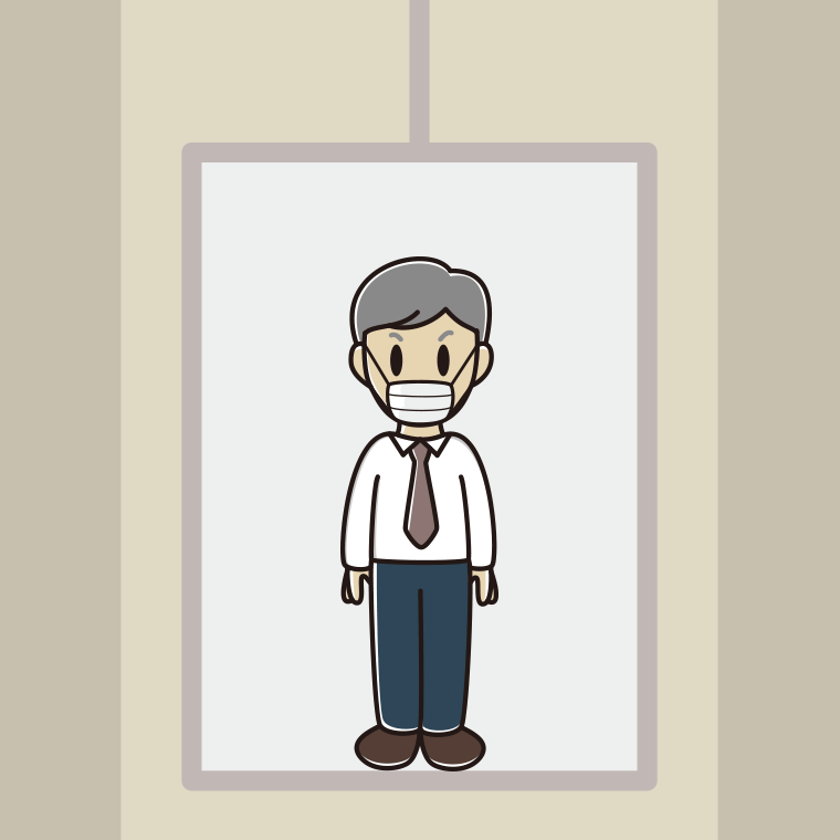 エレベーターでマスクをする年配男性会社員（ワイシャツ）のイラスト【色、背景あり】PNG