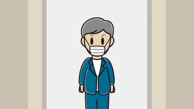 エレベーターでマスクをする年配男性会社員（カジュアル）のイラスト【色、背景あり】PNG