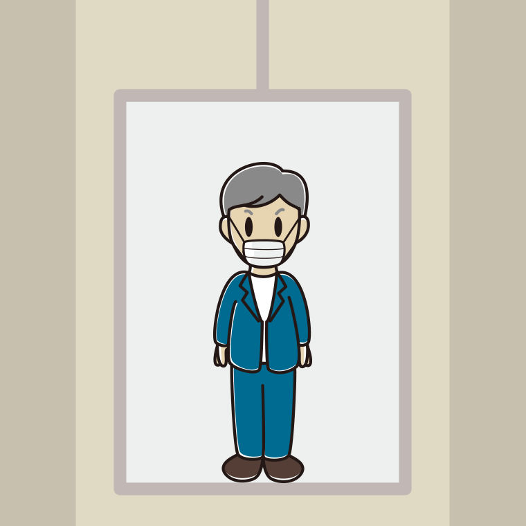 エレベーターでマスクをする年配男性会社員（カジュアル）のイラスト【色、背景あり】PNG