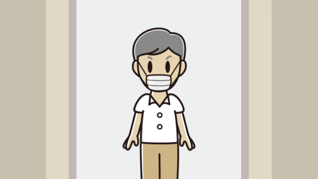 エレベーターでマスクをする年配男性会社員（クールビズ）のイラスト【色、背景あり】PNG