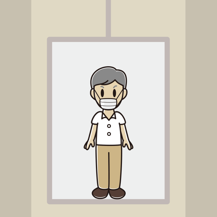 エレベーターでマスクをする年配男性会社員（クールビズ）のイラスト【色、背景あり】PNG