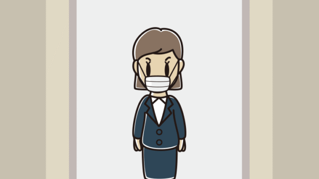 エレベーターでマスクをする女性会社員のイラスト【色、背景あり】PNG