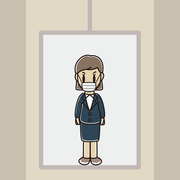エレベーターでマスクをする女性会社員のイラスト【色、背景あり】PNG