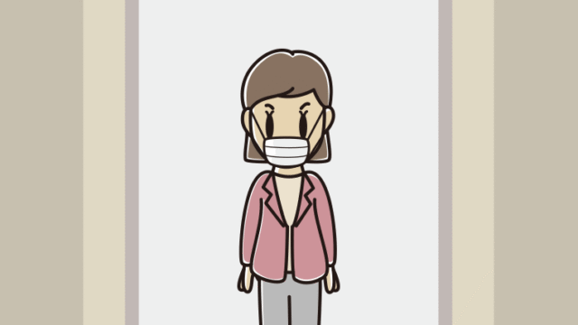 エレベーターでマスクをする女性会社員（カジュアル）のイラスト【色、背景あり】PNG