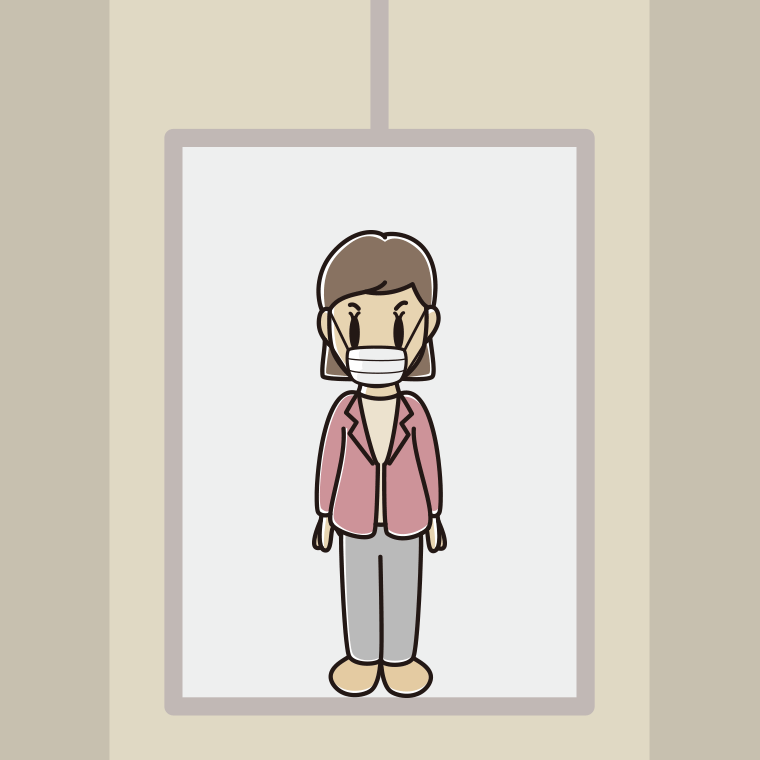 エレベーターでマスクをする女性会社員（カジュアル）のイラスト【色、背景あり】PNG